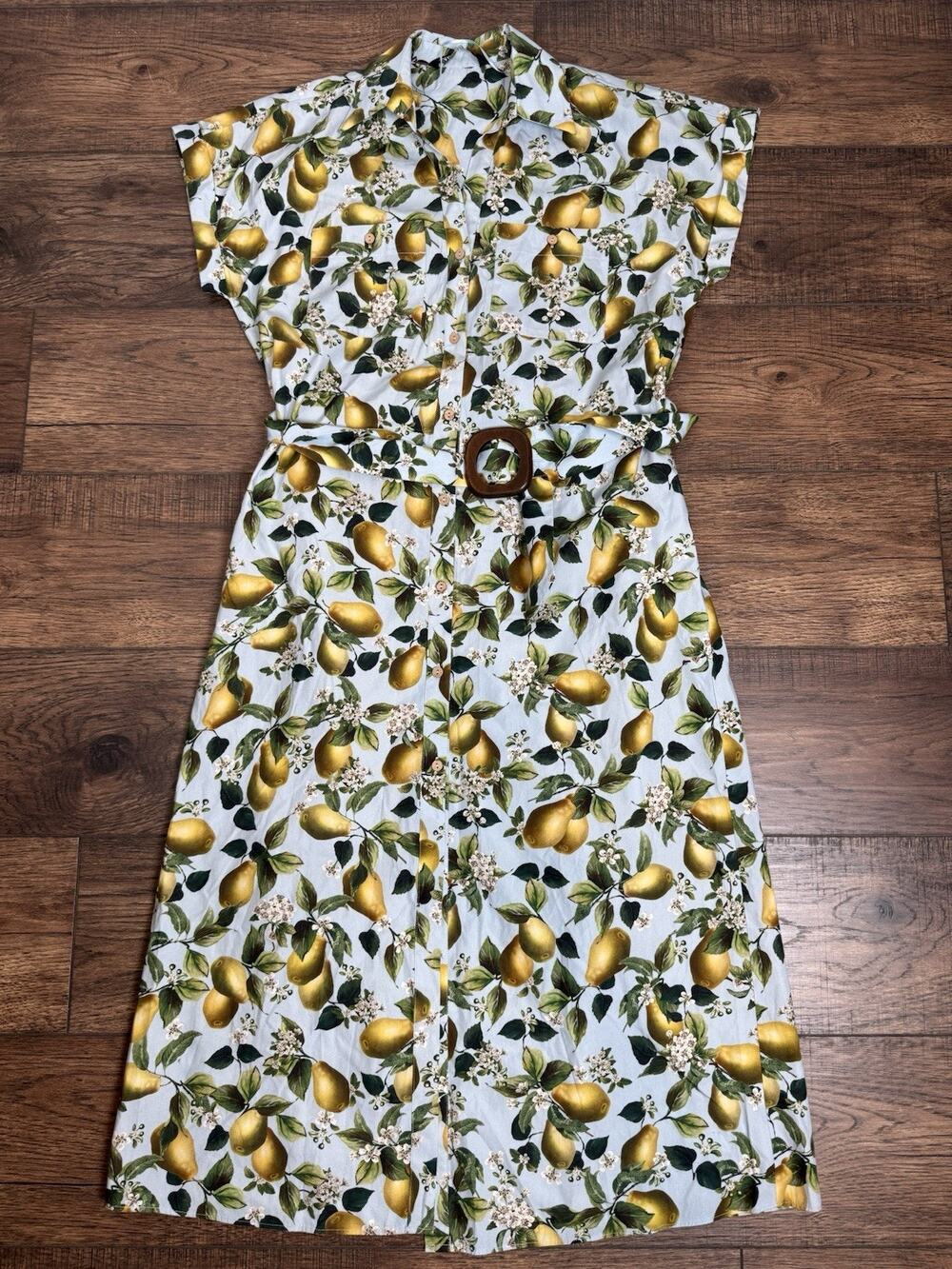 Zara Blue Yellow Pear Floral Fruit Print Cotton Midi Shirt Dress S Belted